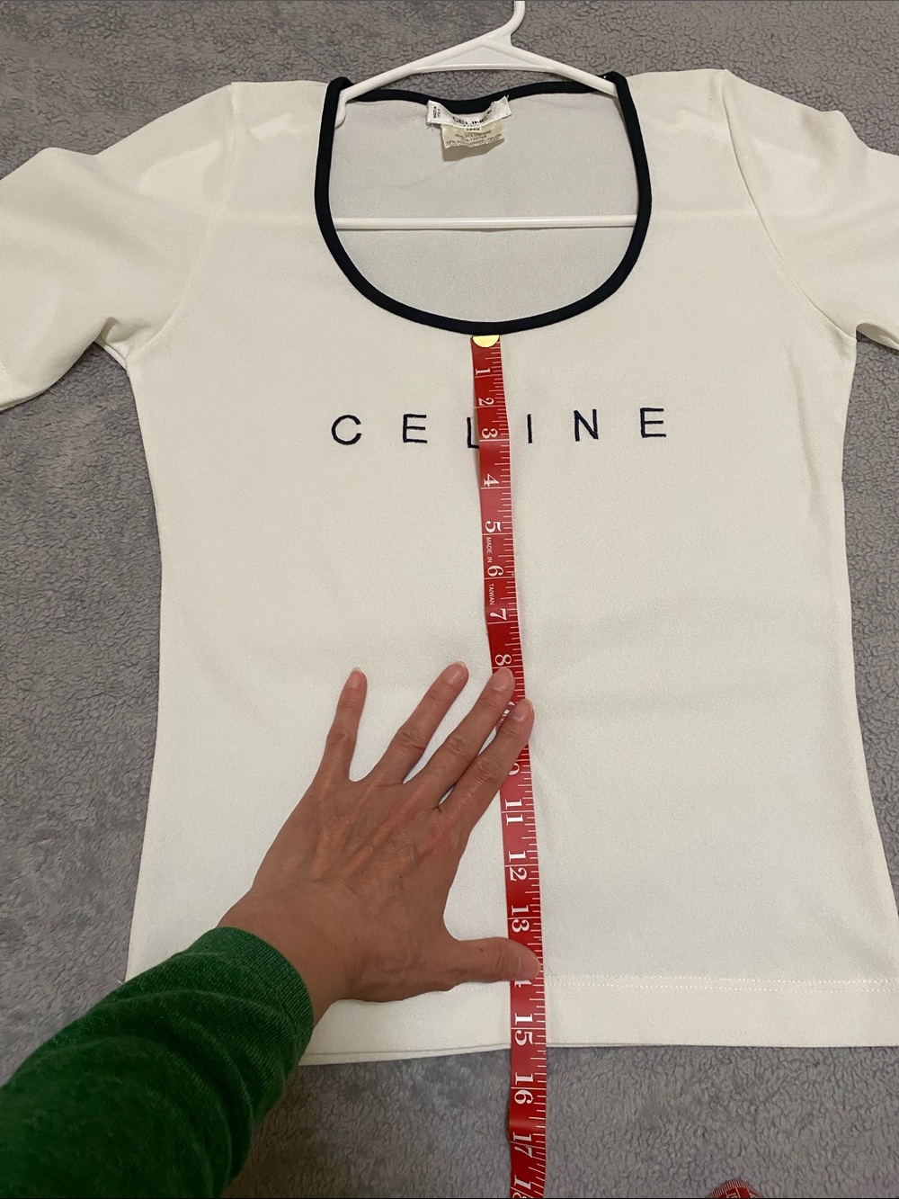 Celine White Scoop Neck Tee with Black Trim and Logo - Picture 11 of 11